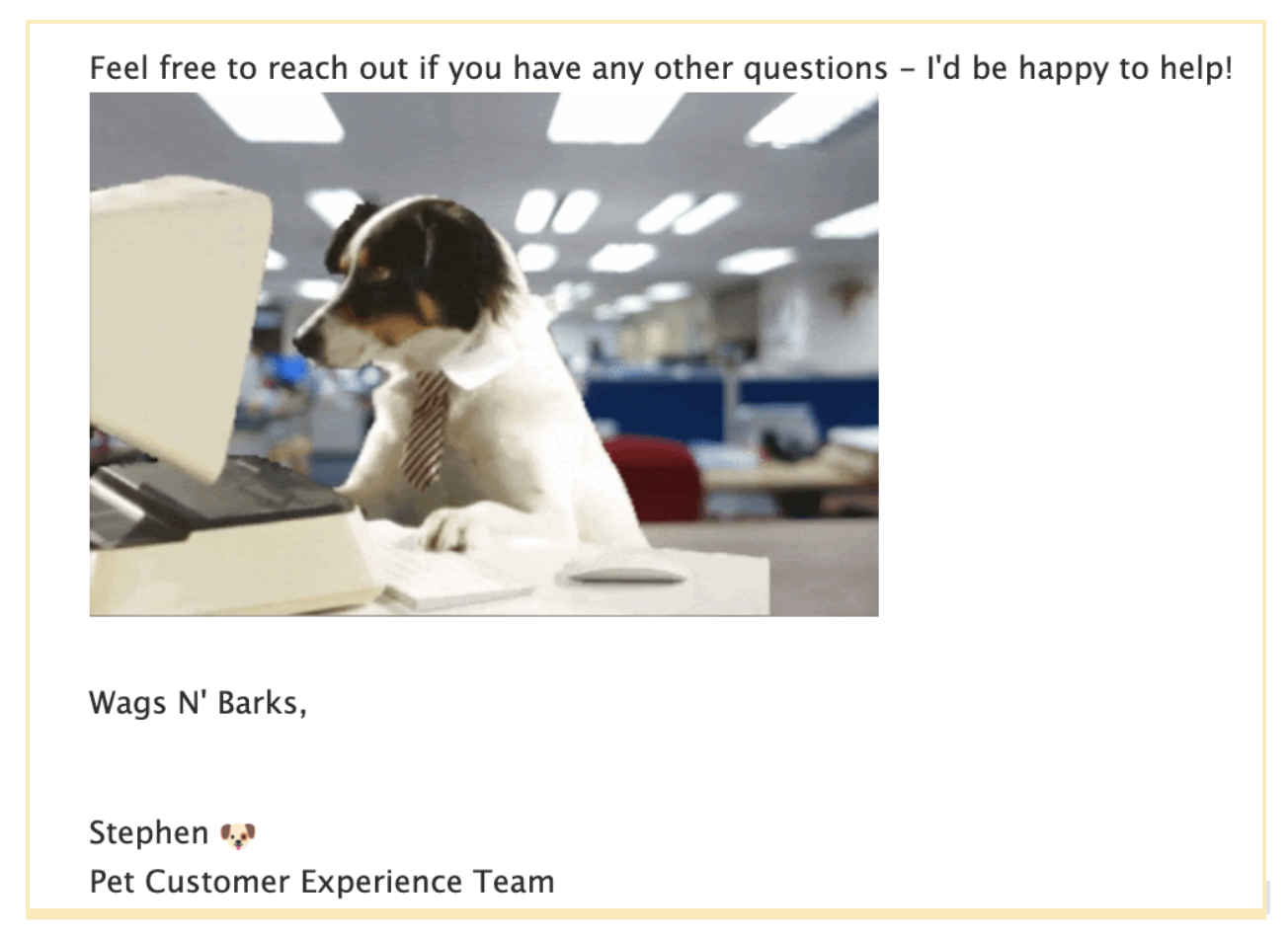 Email salutation copy with an image of a dog at a computer with a tie on.